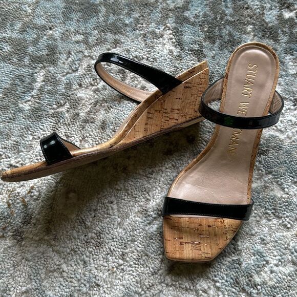 Stuart Weitzman Aleena Wedge Slide Sandal. Square toes. Black patent straps. 6 - Picture 4 of 7